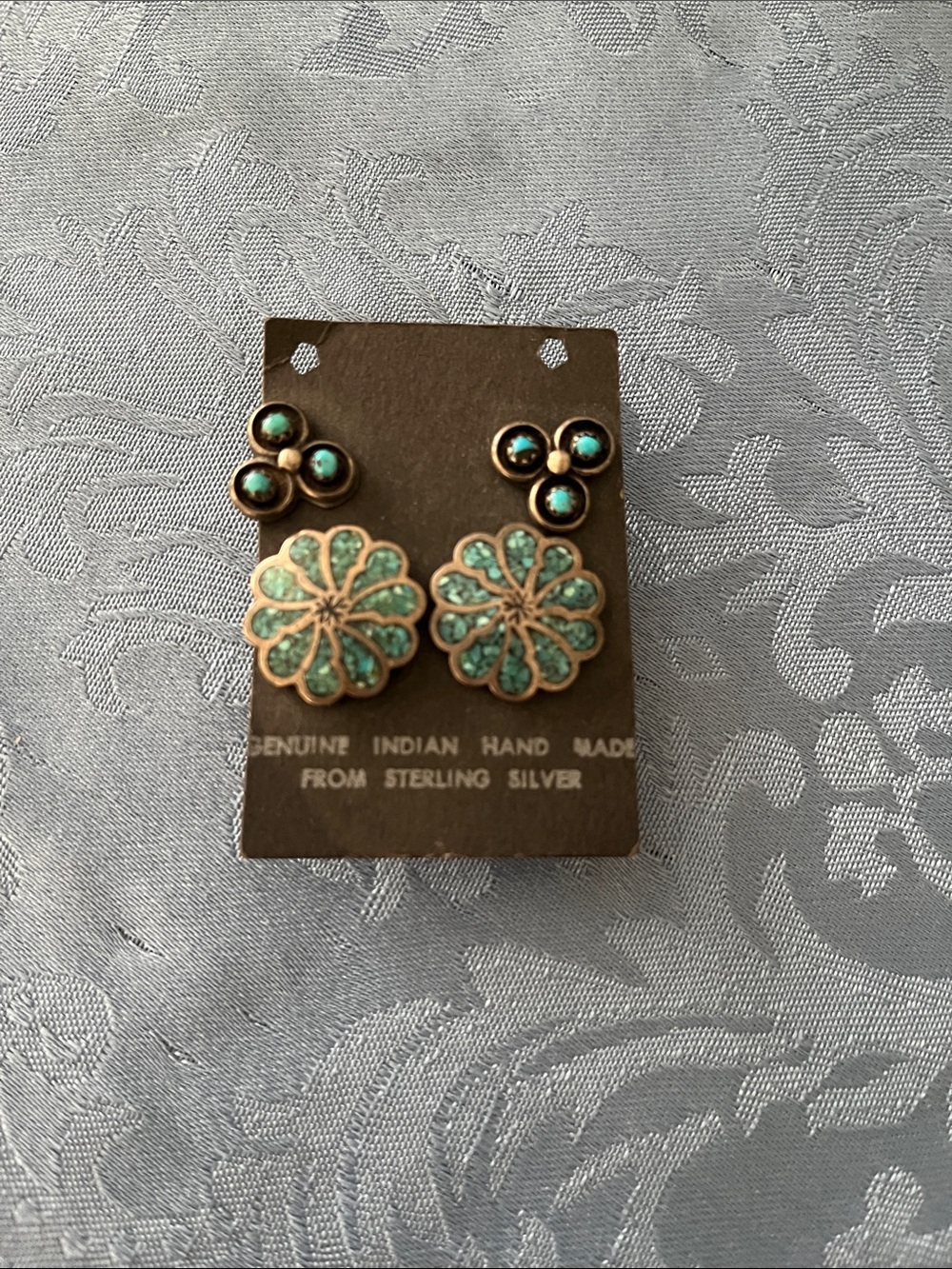 2 pairs genuine Indian hand made turquoise sterling silver earrings